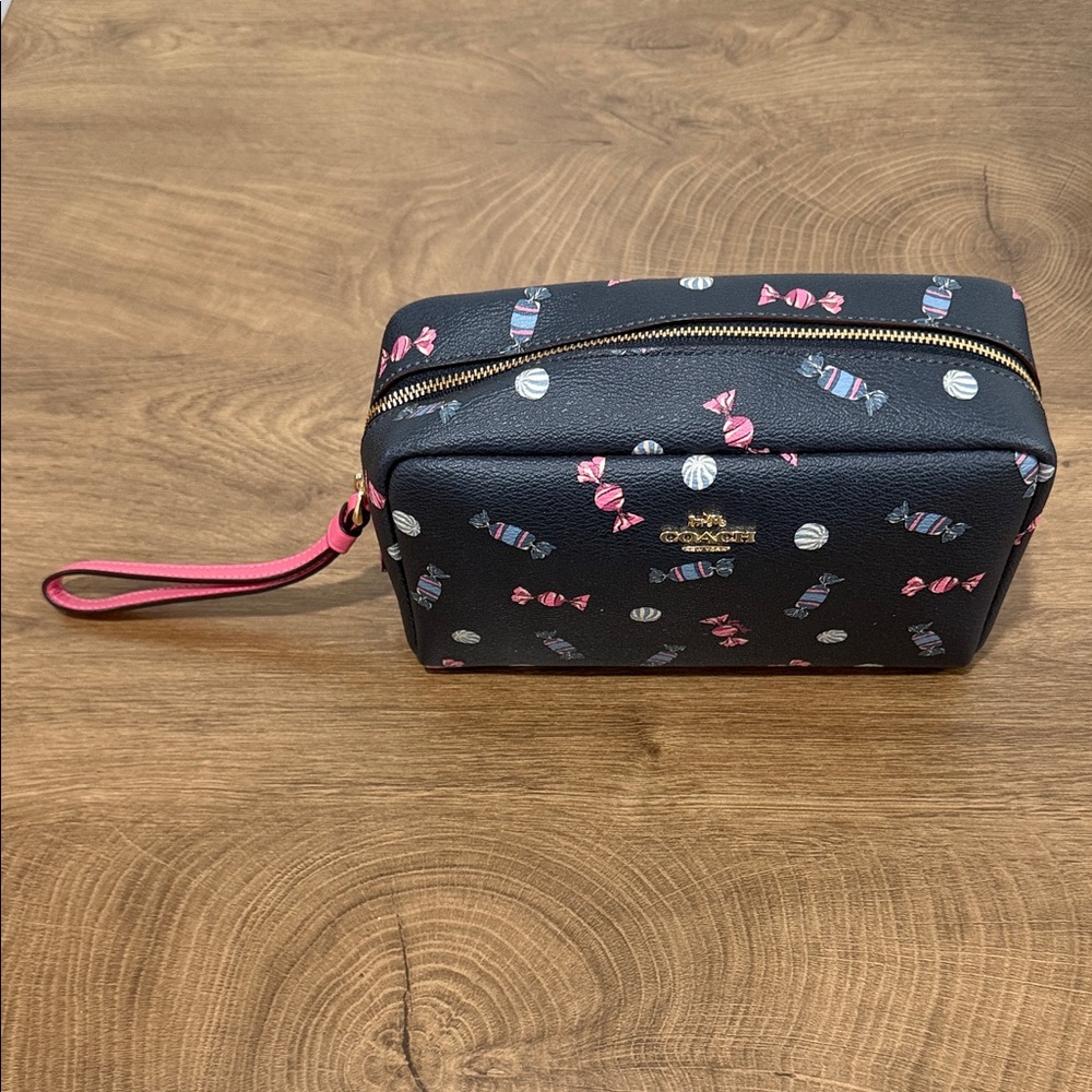 Coach Black Wristlet Cosmetic Pouch with Pink & Light Blue Candy Print